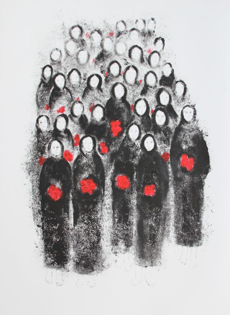 print, prints, women's rights, social justice, political art, social art, installation, contemporary art, museum, ink, paper, black and white, printmaking, drawing, historical art, women, islamic art, islamicart, poem, poet, balloons, red, black and white, ink, ink on paper, flowers